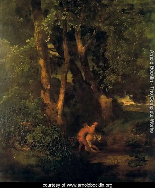 Wildlife and nymph on the edge of a forest
